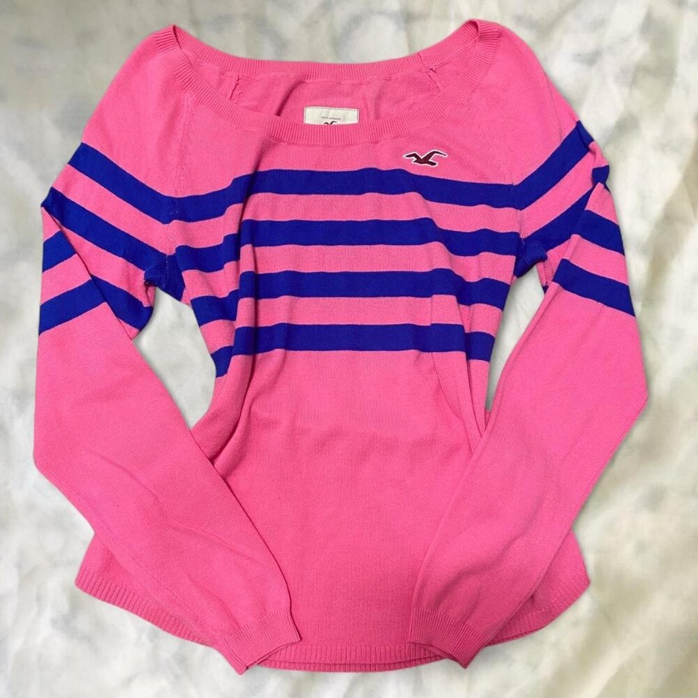 Y2K Hollister Striped Crewneck Off Shoulder Sweater Pink & Navy Knit Long Sleeve